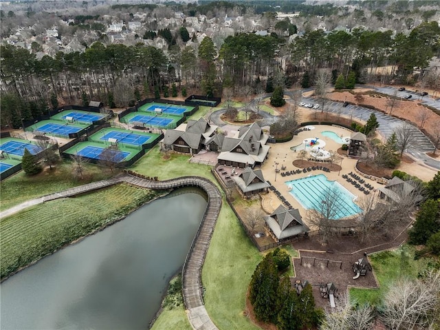 bird's eye view with a water view