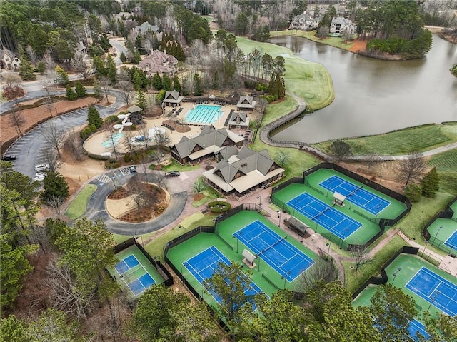 aerial view featuring a water view