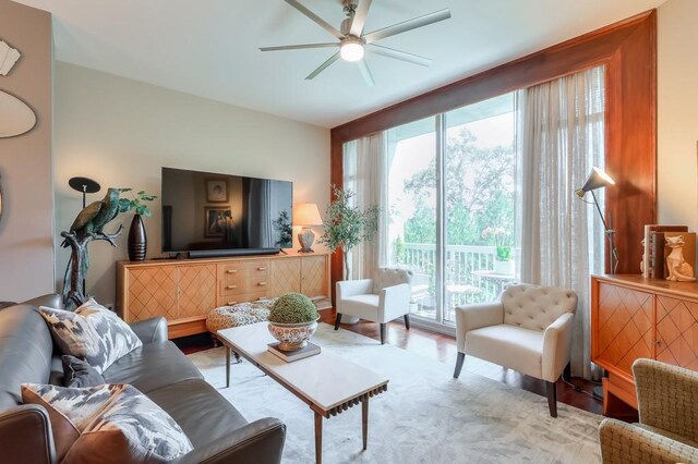 living room with ceiling fan and wood-type flooring