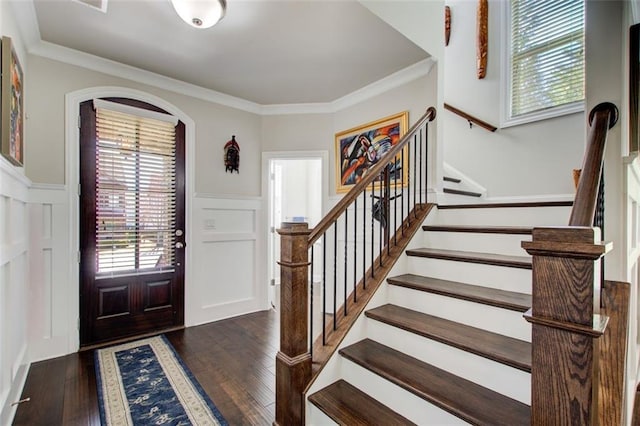 entrance foyer featuring wainscoting, a healthy amount of sunlight, stairway, and dark wood-type flooring