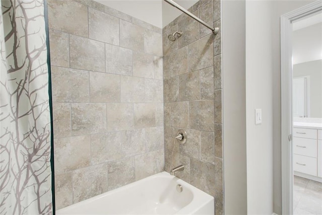bathroom with shower / bathtub combination with curtain and vanity