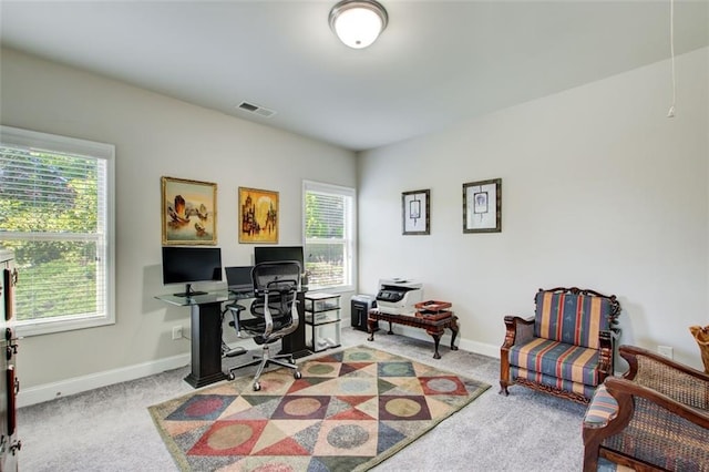 carpeted office space with visible vents and baseboards