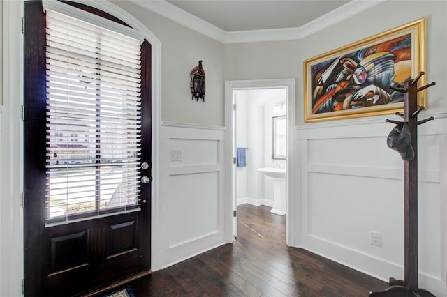 foyer entrance with plenty of natural light, dark wood finished floors, a decorative wall, and a wainscoted wall