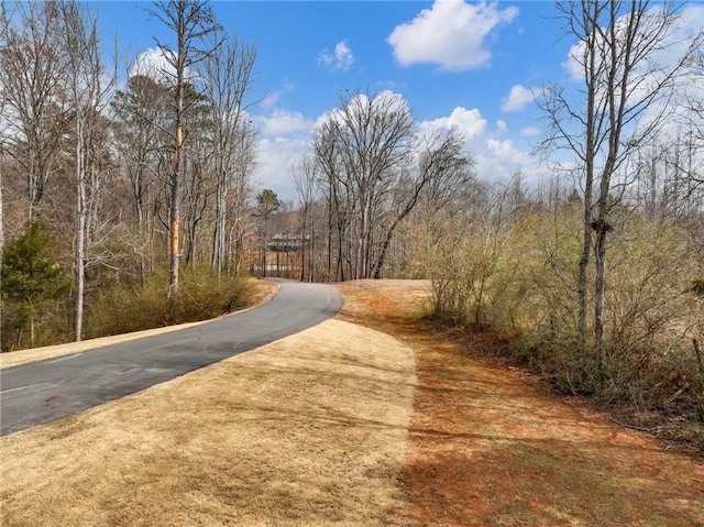 view of street featuring a wooded view