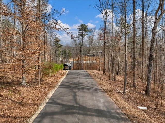 view of road featuring a forest view and driveway