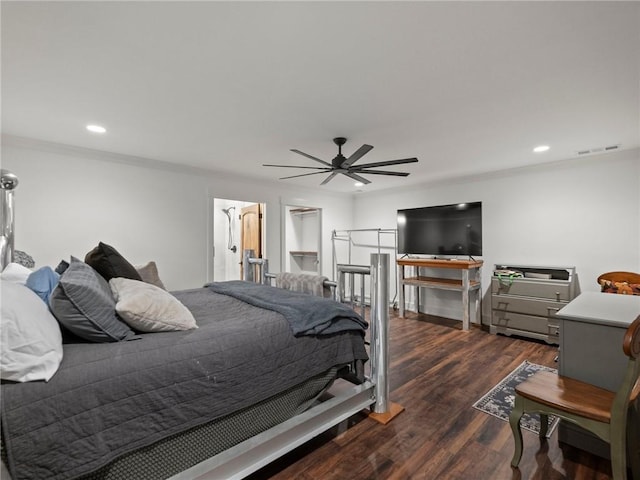 bedroom with a ceiling fan, visible vents, dark wood finished floors, recessed lighting, and ornamental molding