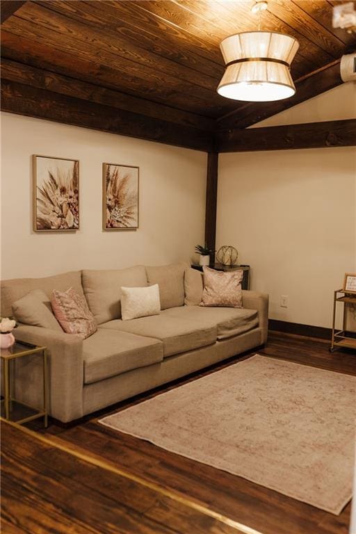 living room featuring baseboards, wood ceiling, lofted ceiling, and wood finished floors