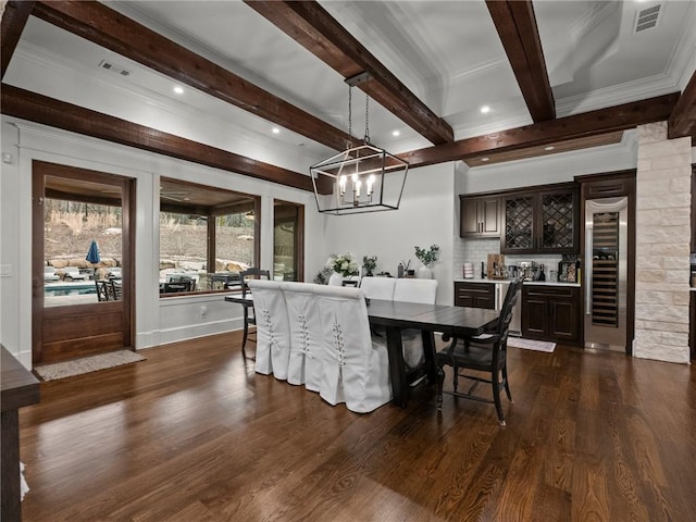 dining area with visible vents, beverage cooler, beam ceiling, recessed lighting, and dark wood-style flooring