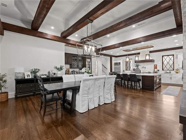 dining space with dark wood-style floors, visible vents, recessed lighting, ornamental molding, and beamed ceiling