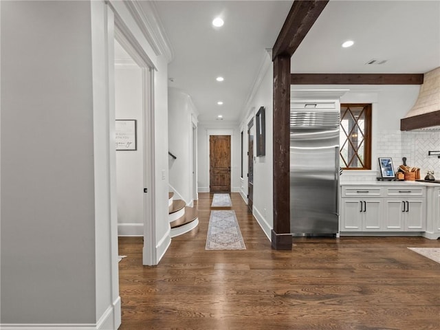 hall with baseboards, stairway, ornamental molding, recessed lighting, and dark wood-style flooring