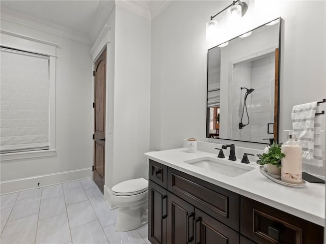 bathroom featuring vanity, ornamental molding, tile patterned flooring, a shower, and toilet