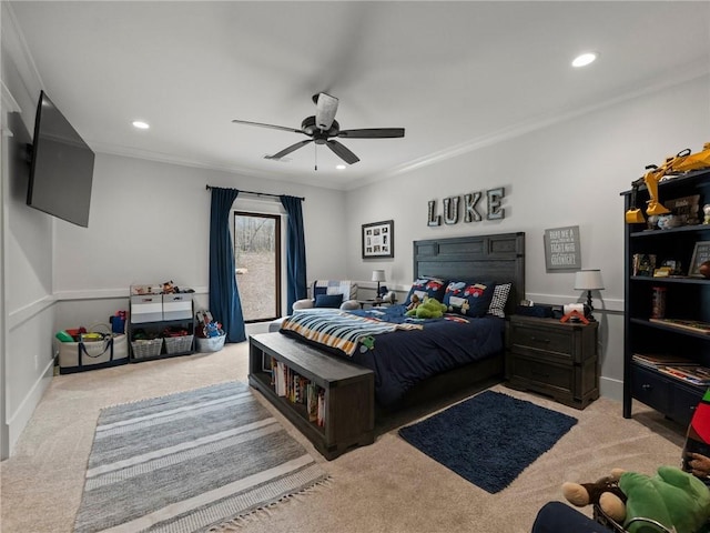 bedroom with recessed lighting, carpet, and crown molding