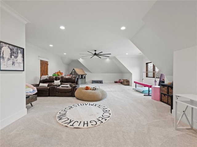 living room featuring ornamental molding, recessed lighting, carpet floors, baseboards, and vaulted ceiling