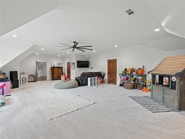 rec room featuring visible vents, crown molding, carpet floors, recessed lighting, and a ceiling fan