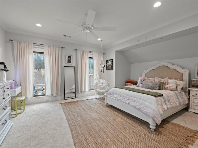 carpeted bedroom with recessed lighting, visible vents, multiple windows, and a ceiling fan