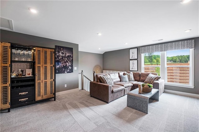 living room with light colored carpet