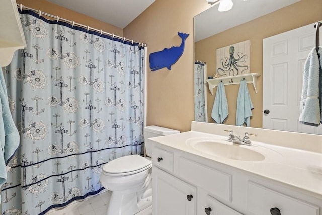 bathroom with a shower with shower curtain, toilet, and vanity