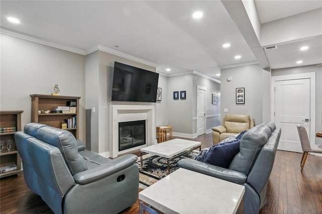 living room featuring crown molding and dark wood-type flooring