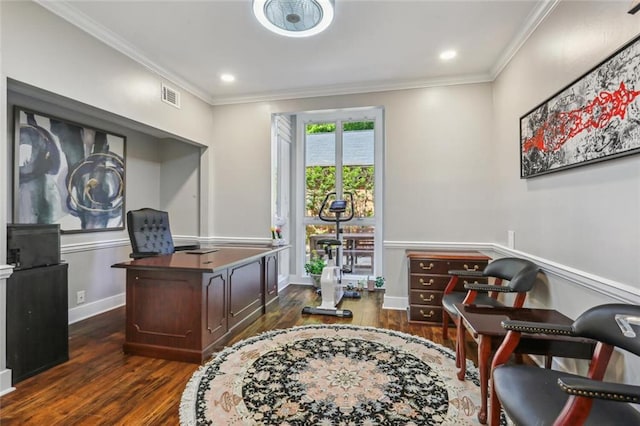 home office with crown molding and dark hardwood / wood-style floors