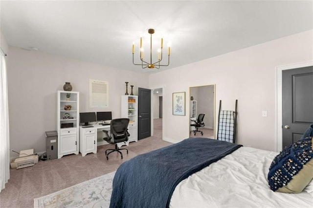 bedroom featuring an inviting chandelier and light carpet