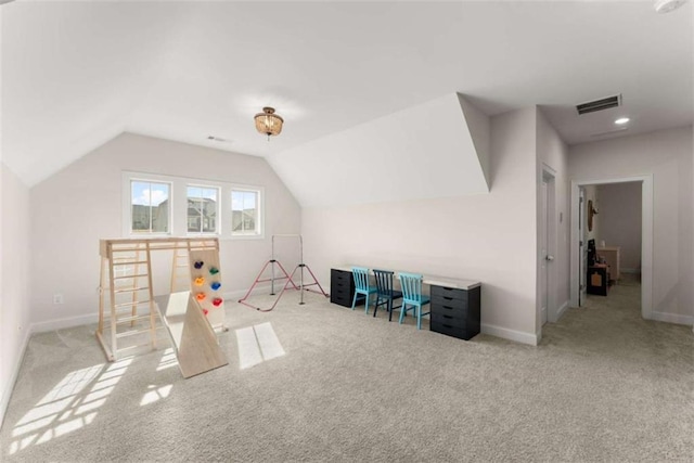 game room with visible vents, carpet, baseboards, recessed lighting, and lofted ceiling