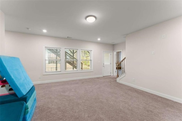 game room featuring baseboards, carpet floors, and recessed lighting