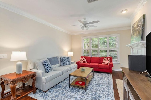 2400 Cumberland Pkwy SE Unit 613, Atlanta, GA 30339 - living area featuring dark wood finished floors, ceiling fan, ornamental molding, and baseboards