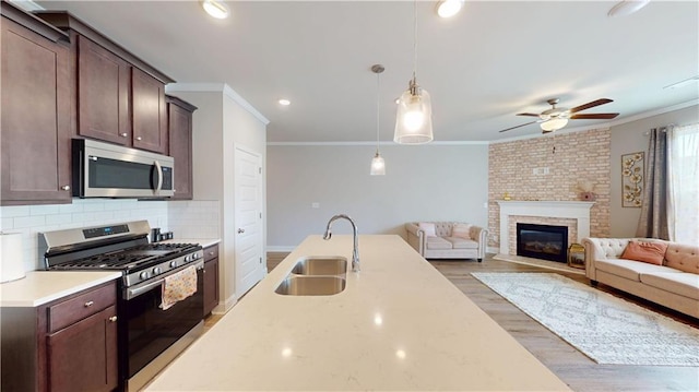 kitchen featuring dark brown cabinetry, a ceiling fan, crown molding, a sink, and stainless steel appliances