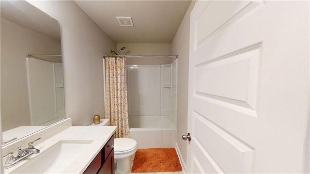 full bath with toilet, visible vents, shower / tub combo, and vanity