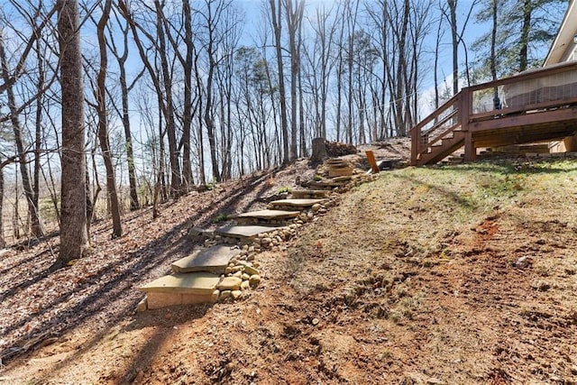 view of yard featuring stairway and a deck