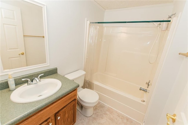 bathroom with toilet, shower / washtub combination, vanity, a textured ceiling, and crown molding