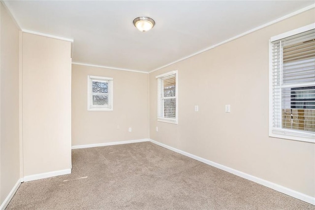 empty room with light colored carpet and ornamental molding