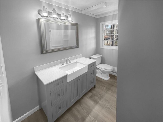 bathroom with hardwood / wood-style floors, vanity, and toilet