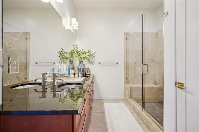 bathroom featuring baseboards, tile patterned flooring, vanity, and a shower stall