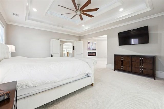 3423 Jamont Blvd, Alpharetta, GA 30022 - carpeted bedroom with a tray ceiling, ornamental molding, recessed lighting, a ceiling fan, and baseboards