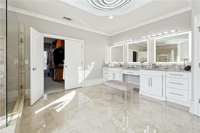 3423 Jamont Blvd, Alpharetta, GA 30022 - bathroom with ornamental molding, vanity, a stall shower, marble tiled flooring, and a spacious closet