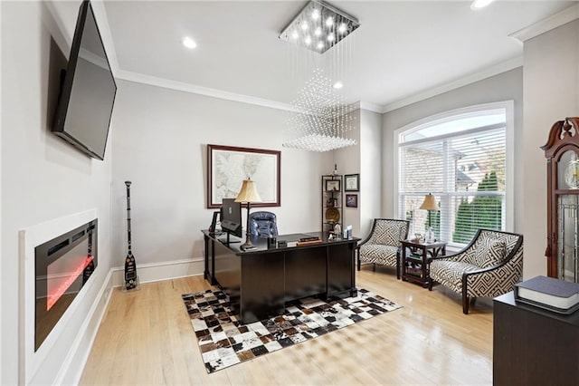 3423 Jamont Blvd, Alpharetta, GA 30022 - home office with light wood finished floors, crown molding, recessed lighting, a chandelier, and baseboards