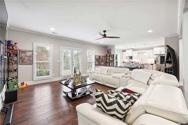 3423 Jamont Blvd, Alpharetta, GA 30022 - living area with ornamental molding, a ceiling fan, dark wood-style flooring, recessed lighting, and baseboards