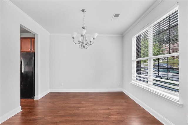 1433 Sand Way, Lawrenceville, GA 30045 - unfurnished dining area with a chandelier, dark wood-type flooring, ornamental molding, and baseboards