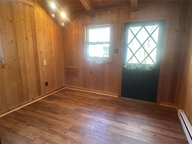 68 Star Lake Ln, Sautee Nacoochee, GA 30571 - foyer entrance featuring a baseboard heating unit, beamed ceiling, wood finished floors, and wood walls