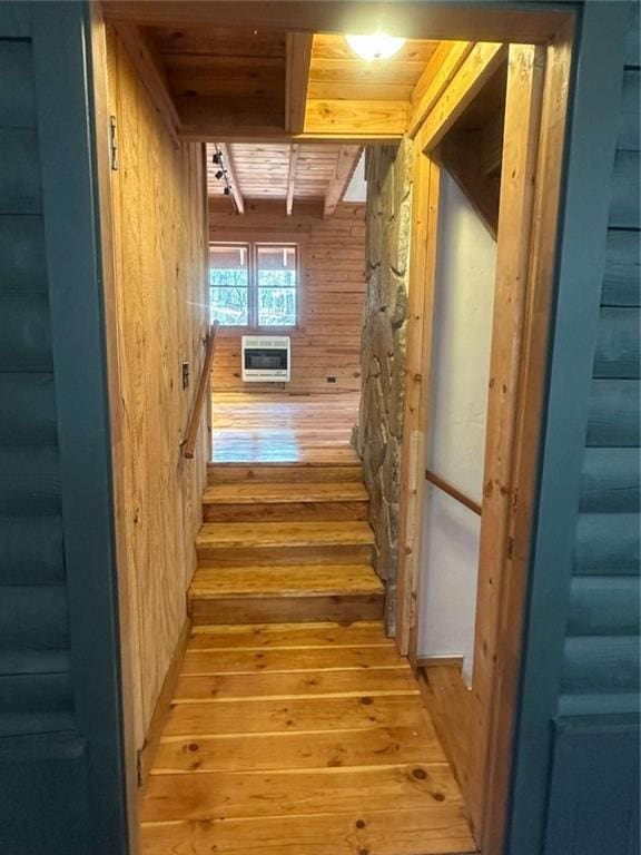 68 Star Lake Ln, Sautee Nacoochee, GA 30571 - stairs with hardwood / wood-style flooring, wood ceiling with exposed beams, wooden walls, and heating unit