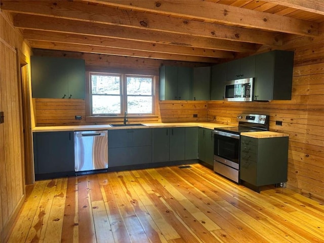 68 Star Lake Ln, Sautee Nacoochee, GA 30571 - kitchen featuring stainless steel appliances, a sink, light wood-style floors, wooden walls, and light countertops
