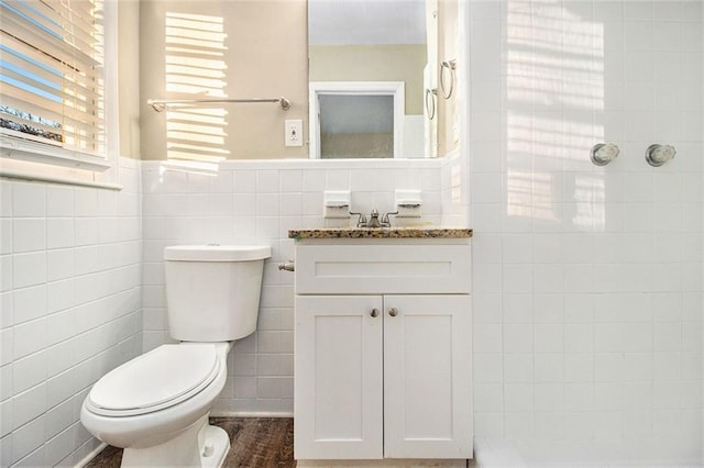 bathroom featuring vanity, wood-type flooring, tile walls, and toilet