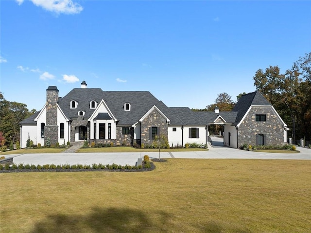 french country inspired facade featuring a chimney and a front yard