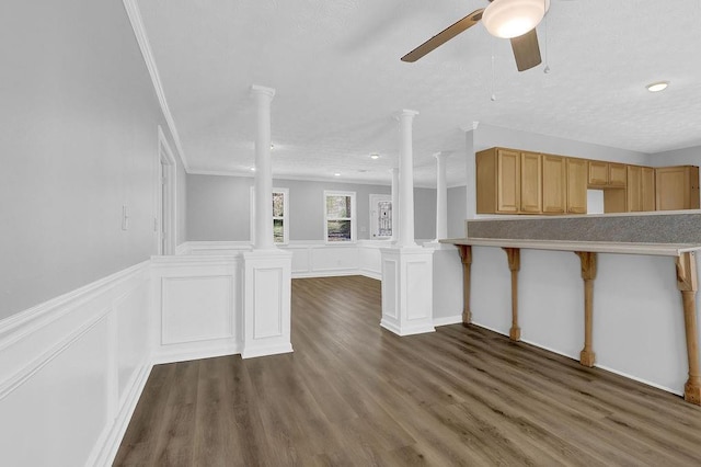 3618 Mansfield Ln, Snellville, GA 30039 - unfurnished living room with decorative columns, crown molding, dark wood-style flooring, and a ceiling fan