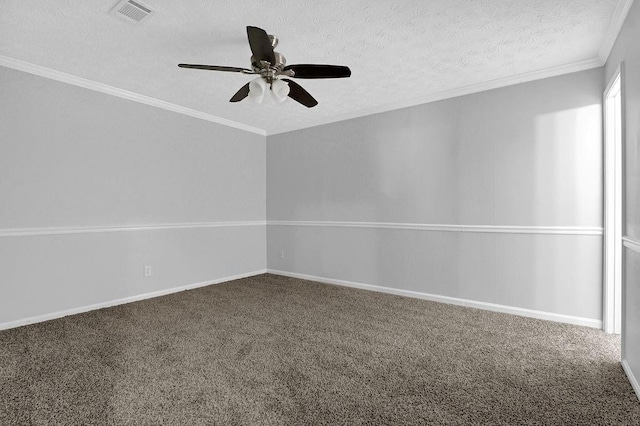 3618 Mansfield Ln, Snellville, GA 30039 - spare room with crown molding, carpet flooring, a textured ceiling, ceiling fan, and visible vents