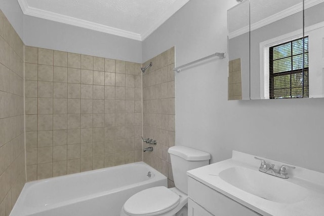 3618 Mansfield Ln, Snellville, GA 30039 - bathroom featuring a textured ceiling, tub / shower combination, crown molding, toilet, and vanity