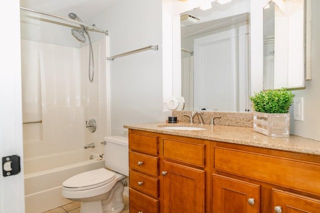 bathroom featuring tile patterned flooring, toilet, shower / tub combination, visible vents, and vanity