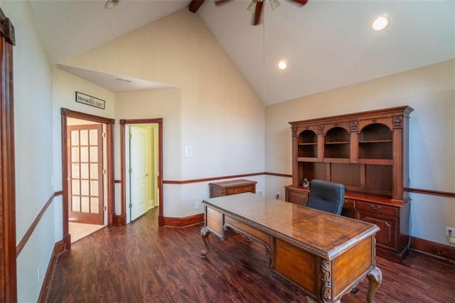 office area with beam ceiling, dark hardwood / wood-style flooring, high vaulted ceiling, and ceiling fan