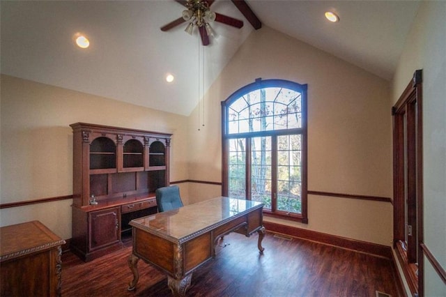 office space with ceiling fan, lofted ceiling with beams, and dark hardwood / wood-style floors